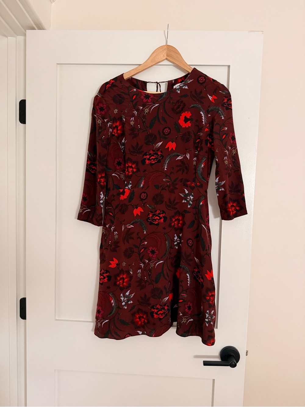 Sandro Paris Floral Fit & Flare Dress | Burgundy Red Print | 3/4 Sleeve